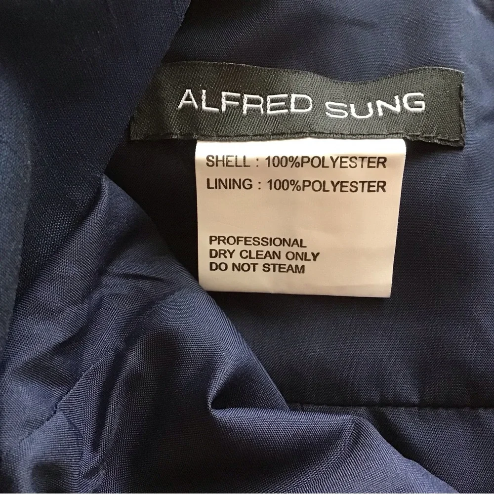 Alfred Sung Bow Open Back Trumpet Gown Blue Jewel Neck Front Slit Size 4 D734 - Picture 8 of 10